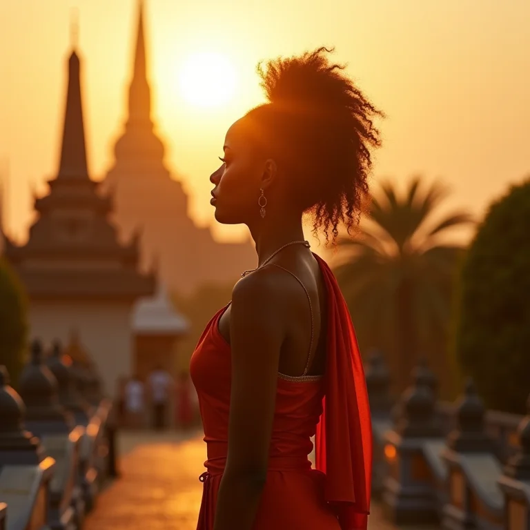 Mulher negra apreciando a beleza do templo Wat Arun em Bangkok, Tailândia.