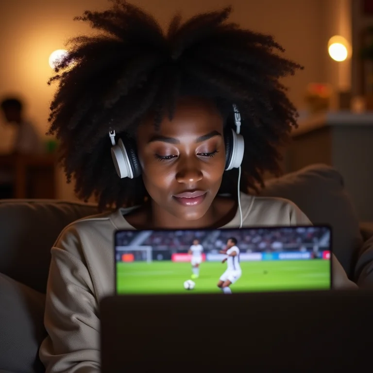 Mulher negra assistindo a jogo de futebol no laptop