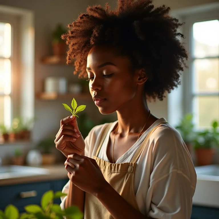 Mulher negra colhendo hortelã fresca