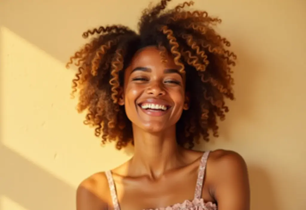 Mulher negra com cabelo cacheado loiro e sorriso radiante