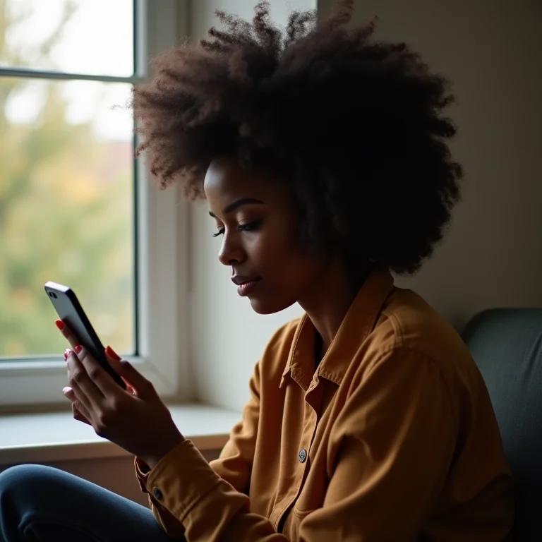 Mulher negra com cabelo cacheado natural verificando o status do backup do Google Fotos no celular.