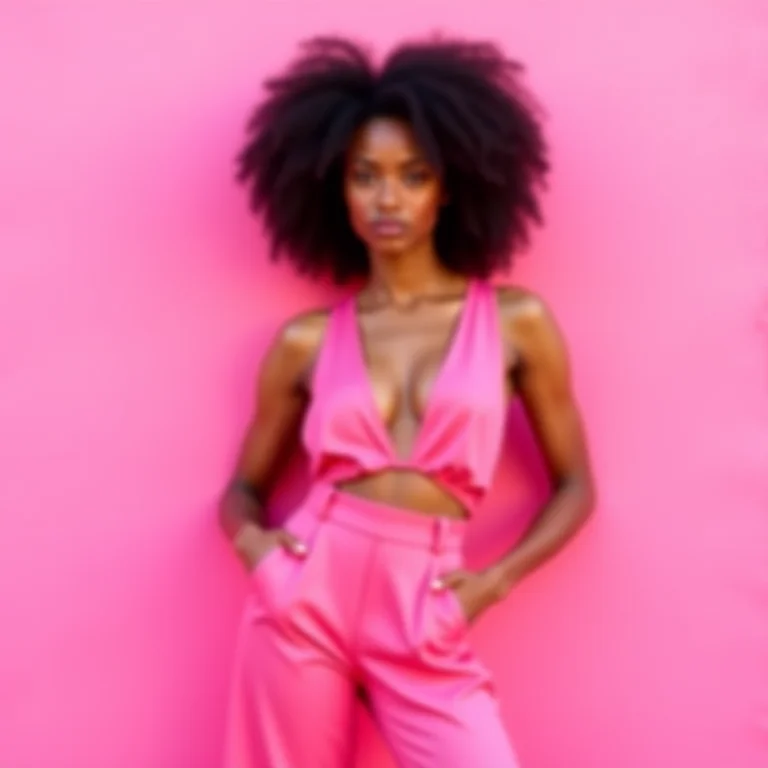 Mulher negra com cabelo cacheado usando look monocromático rosa vibrante