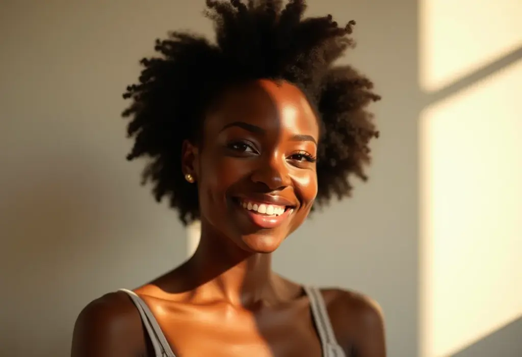Mulher negra com cabelo crespo curto e definido sorrindo