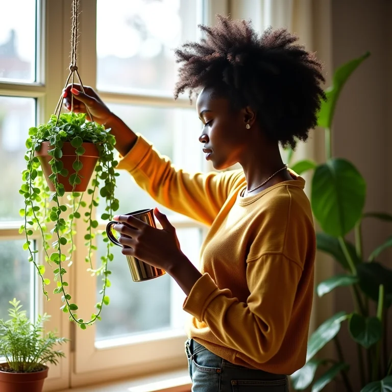 Mulher negra cuidando de suculenta pendente