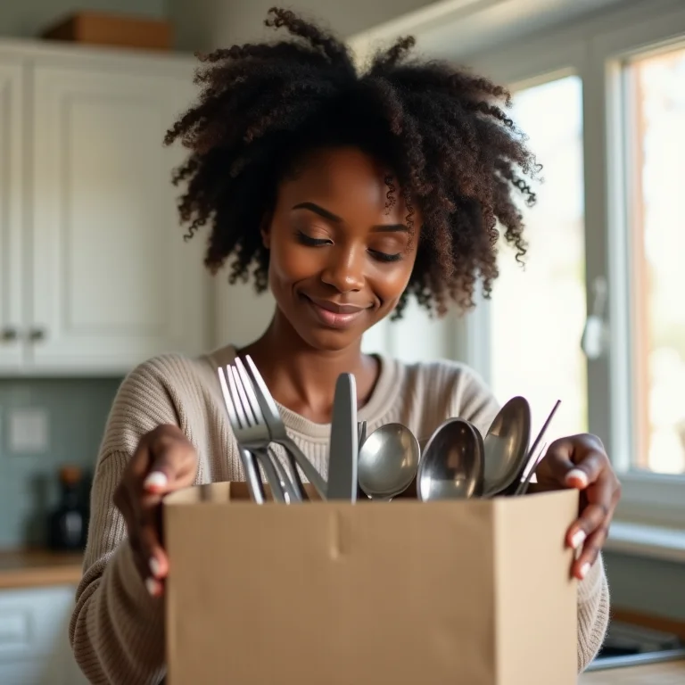 Mulher negra descartando talheres antigos em caixa de doação