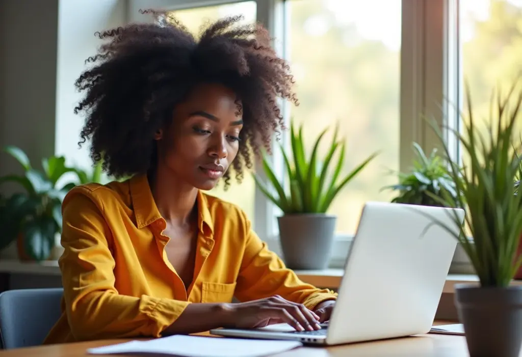 Mulher negra digitando rapidamente em um laptop