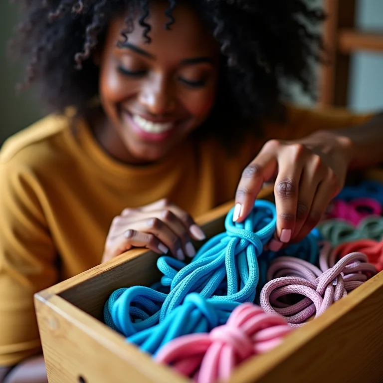 Mulher negra escolhendo cadarços coloridos para chuteiras.