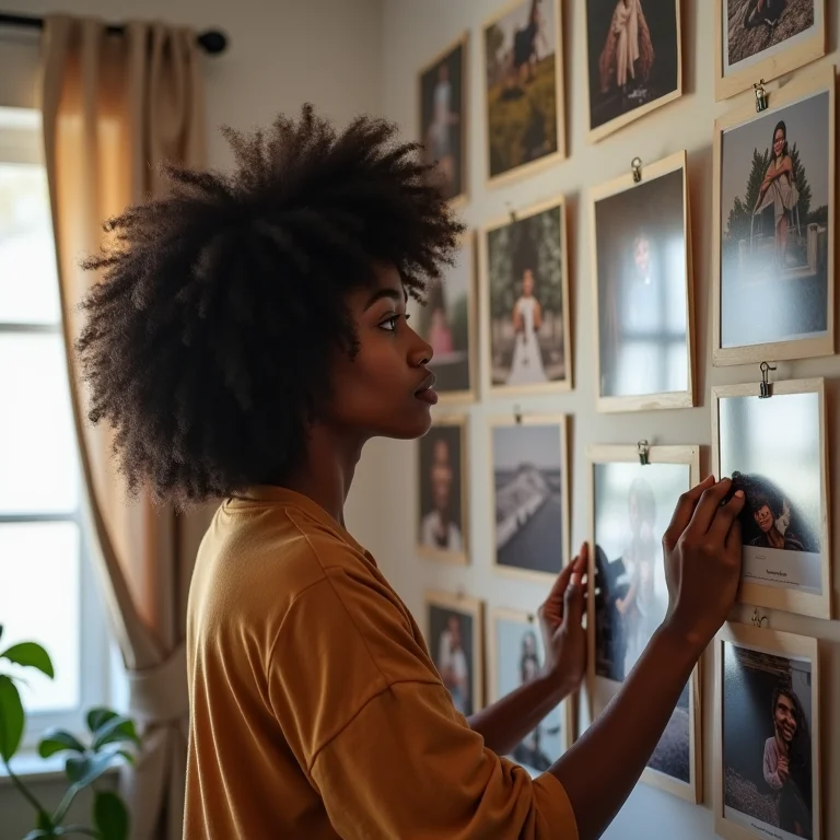 Mulher negra escolhendo fotos para mural