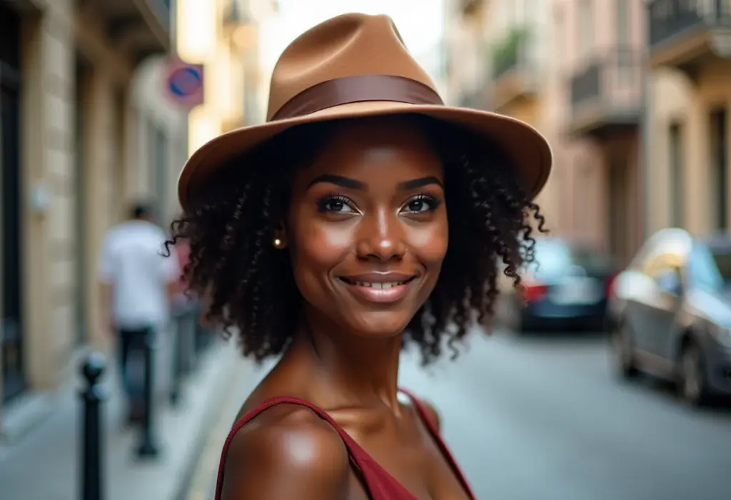 Mulher negra estilosa usando chapéu em ambiente urbano