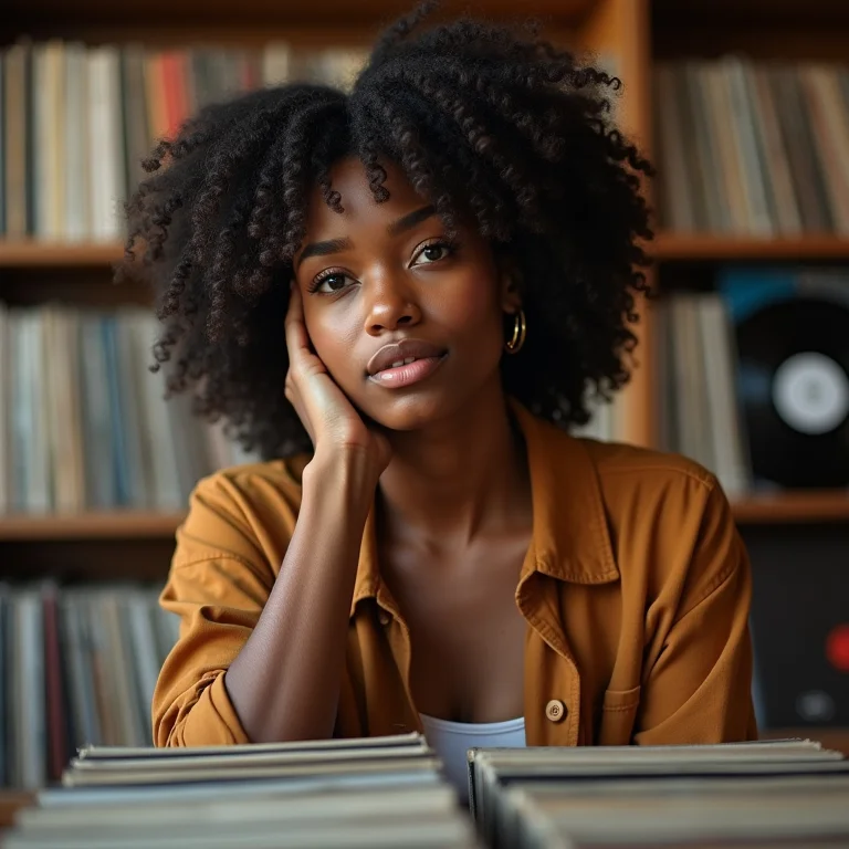 Mulher negra explorando discos de vinil em uma loja vintage.