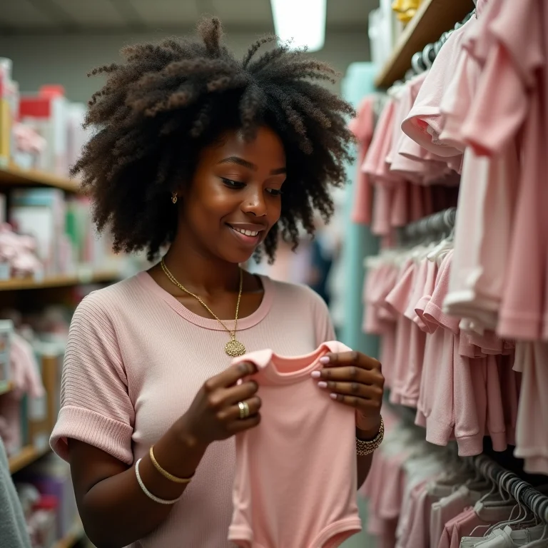 Mulher negra garimpando roupas de bebê em um brechó
