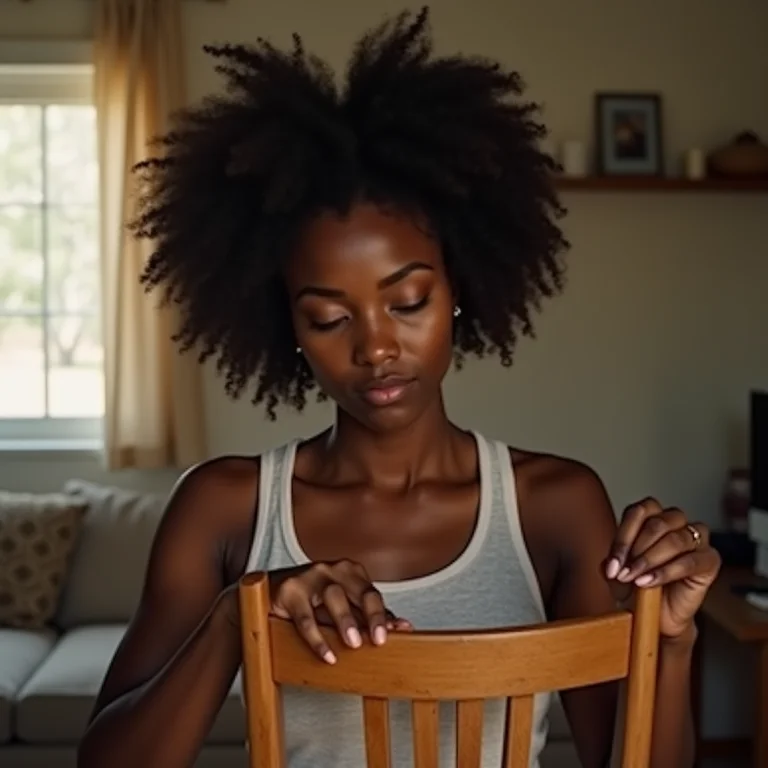 Mulher negra inspecionando móvel de madeira para reforma