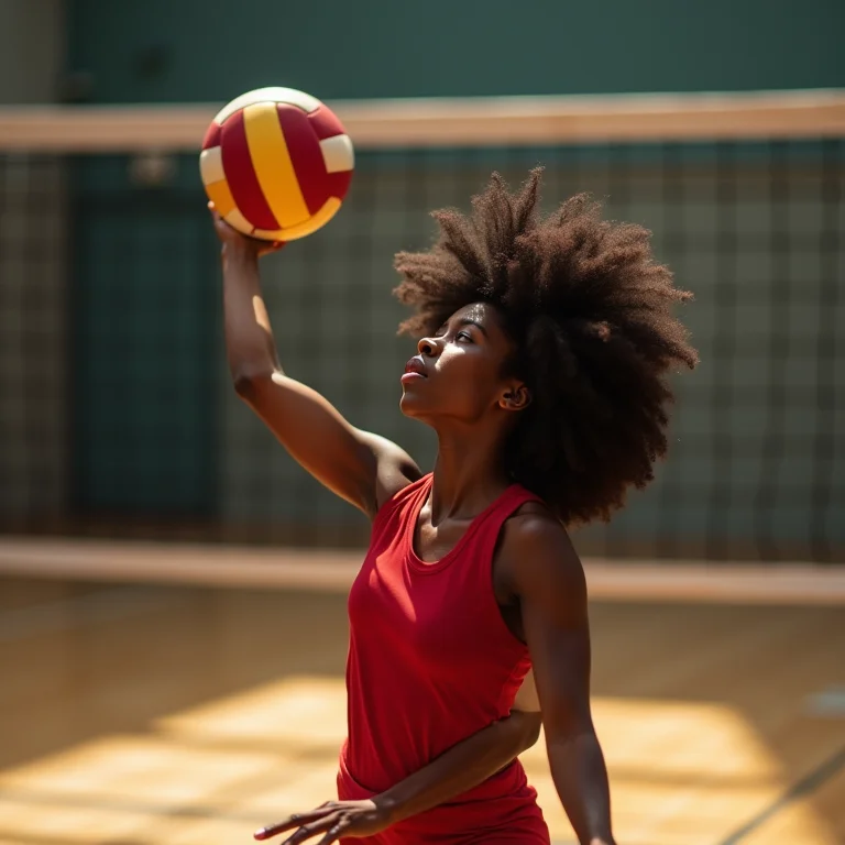 Mulher negra jogando vôlei profissional.