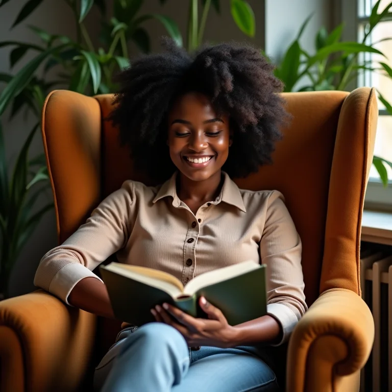 Mulher negra lendo em poltrona confortável