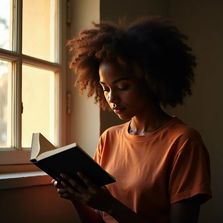 Mulher negra lendo um livro com atenção