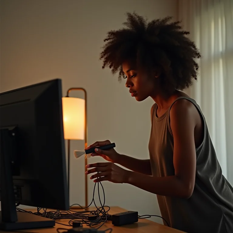 Mulher negra limpando cabos atrás da TV