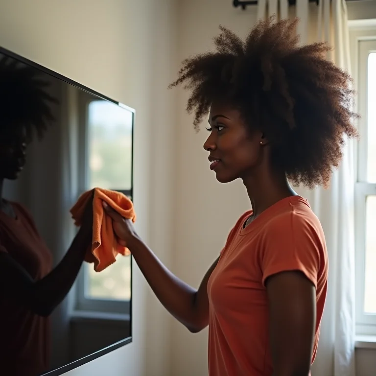 Mulher negra limpando tela de TV com pano seco