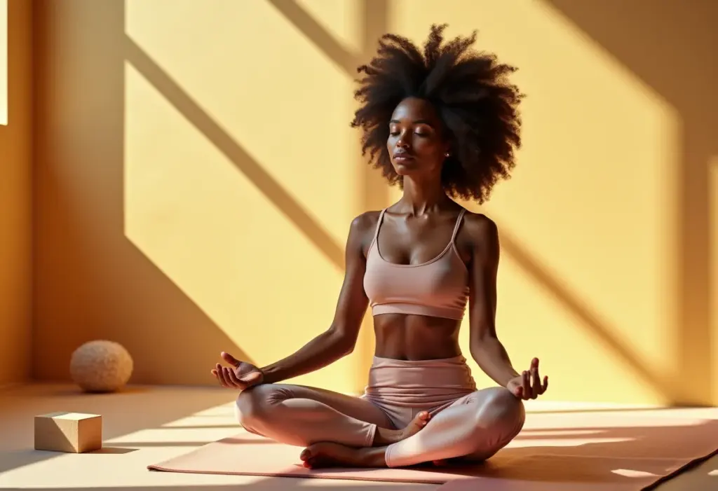 Mulher negra meditando em estúdio de yoga iluminado
