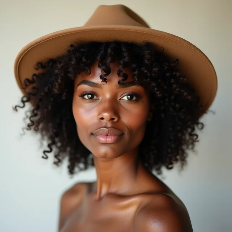 Mulher negra mostrando diferentes modelos de chapéu