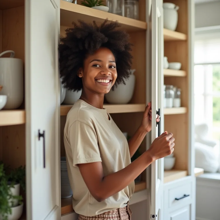 Mulher negra organizando armários da cozinha com sorriso no rosto