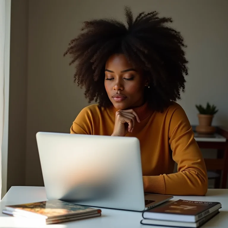 Mulher negra pesquisando passagens aéreas em um laptop.