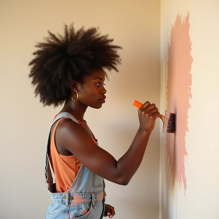 Mulher negra pintando parede com tinta neutra sofisticada