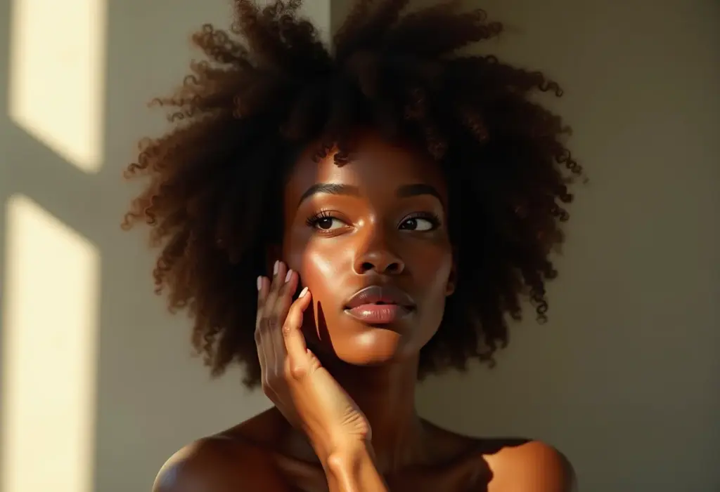 Mulher negra preocupada com a oleosidade do cabelo