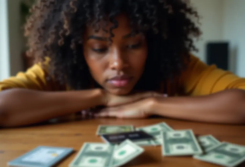 Mulher negra preocupada com dívidas de cartão de crédito