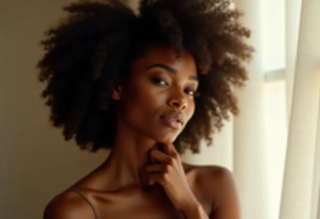 Mulher negra radiante cuidando da pele do pescoço e colo