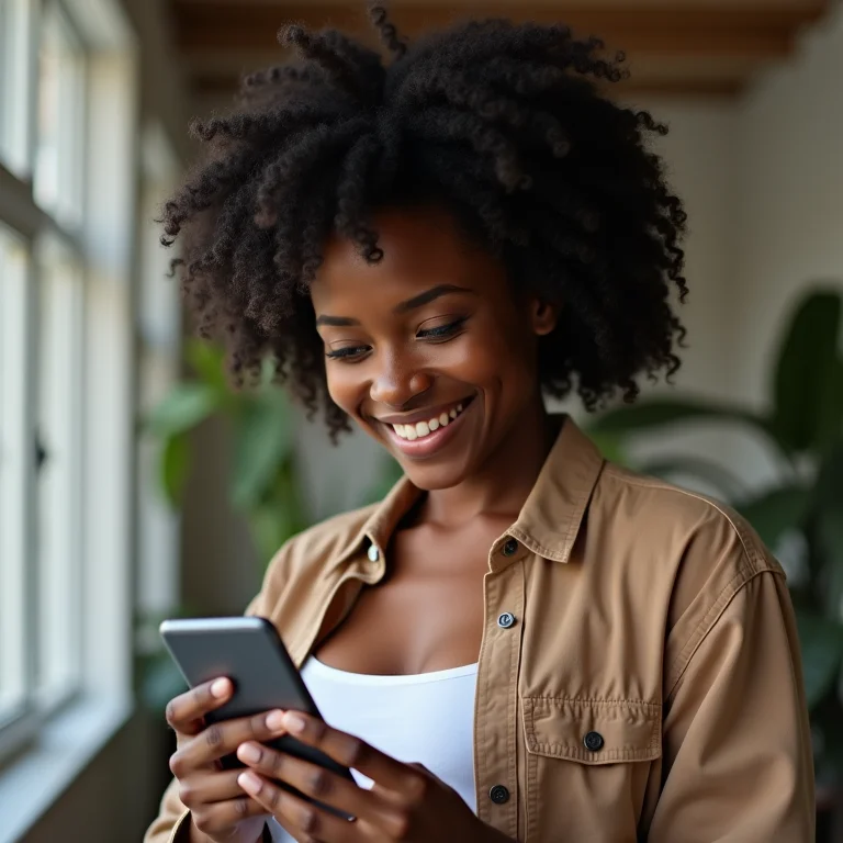 Mulher negra sorrindo ao verificar extrato bancário no celular