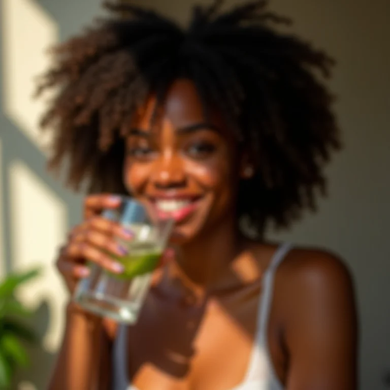 Mulher negra sorrindo bebendo água