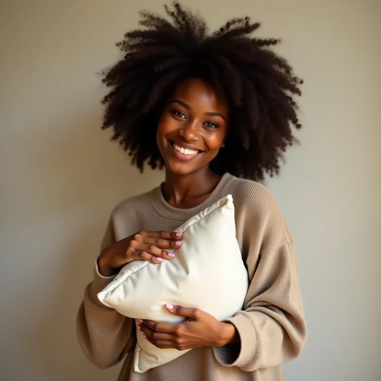 Mulher negra sorrindo com almofada sem costura.