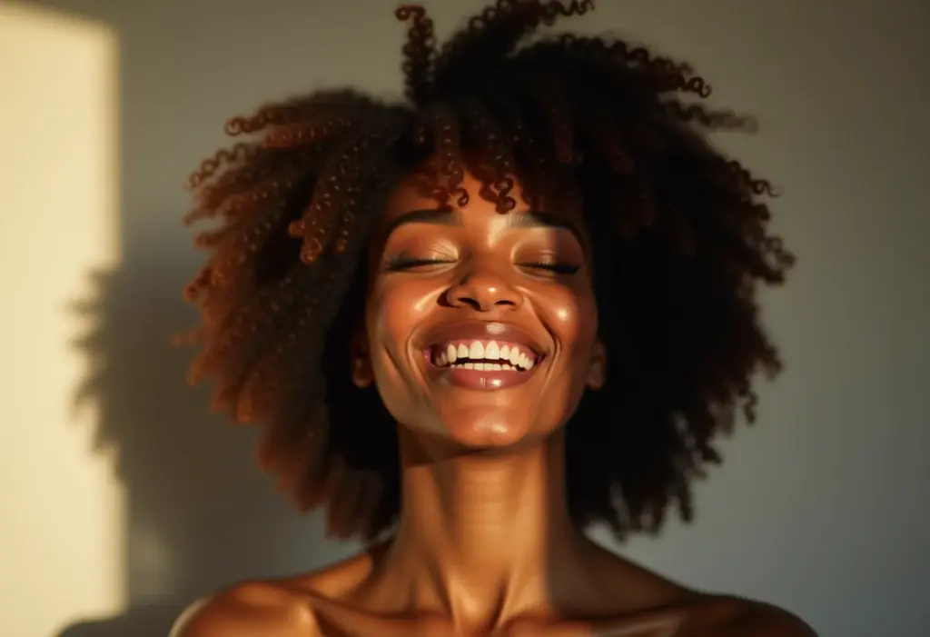Mulher negra sorrindo com cabelo cacheado em transição capilar