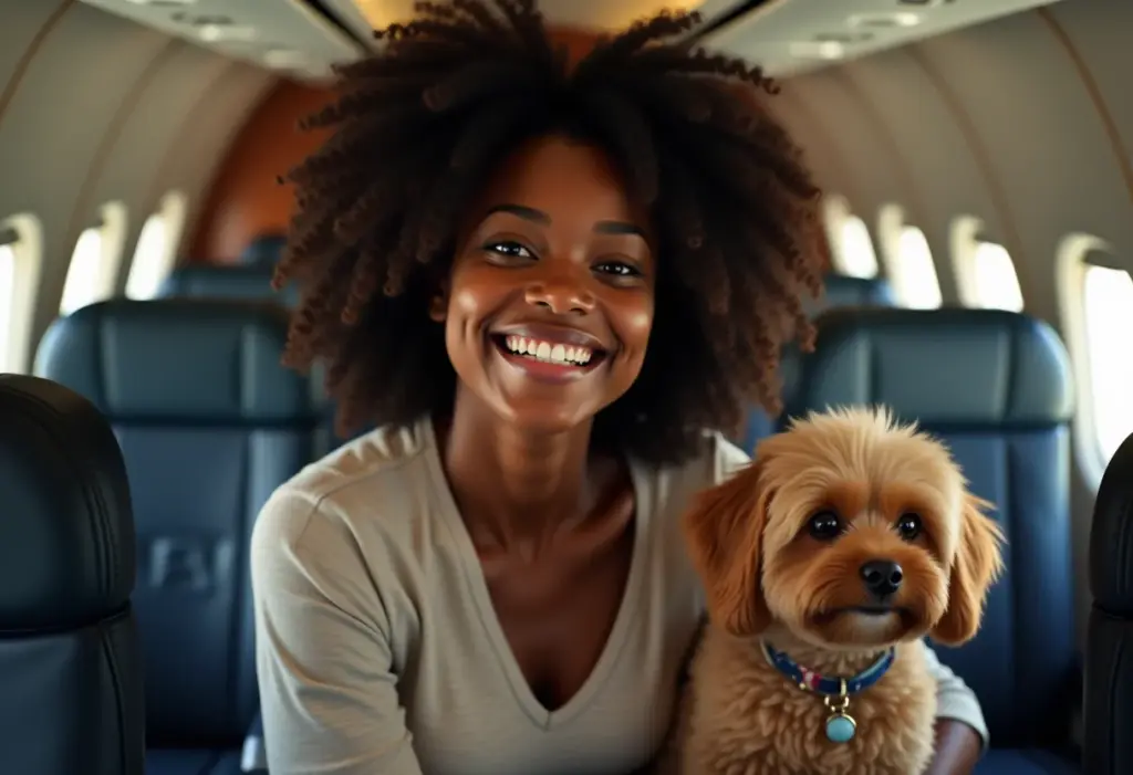 Mulher negra sorrindo com cachorro em avião