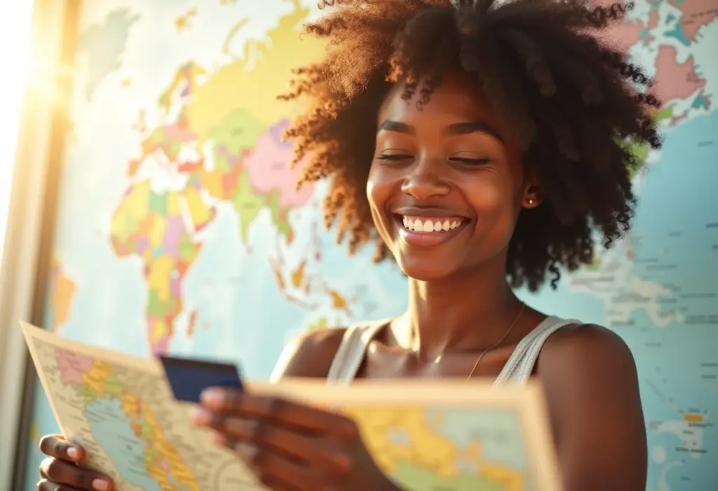 Mulher negra sorrindo com cartão de crédito e mapa mundi ao fundo