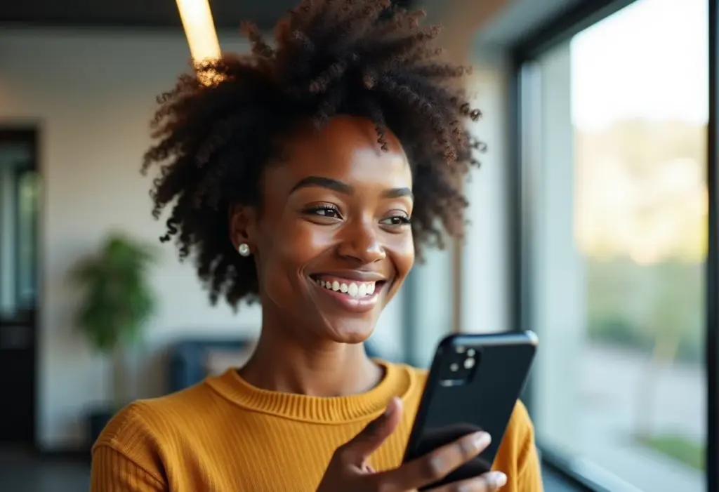Mulher negra sorrindo com celular mostrando confirmação de pagamento.