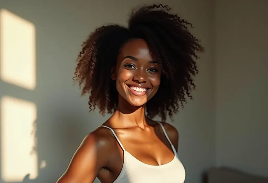 Mulher negra sorrindo com confiança, representando o brilho no marketing pessoal.