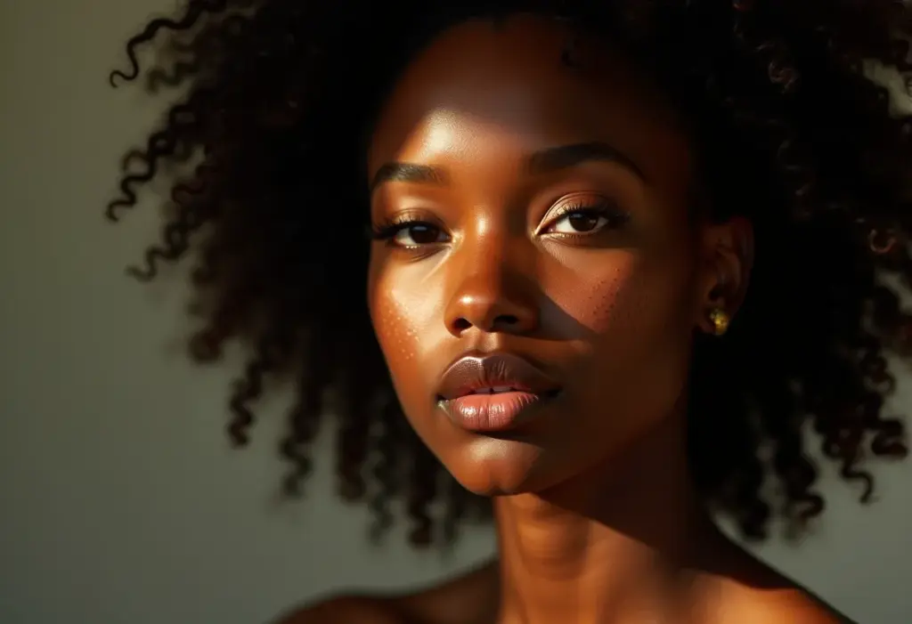 Mulher negra sorrindo com maquiagem leve que realça suas sardas.