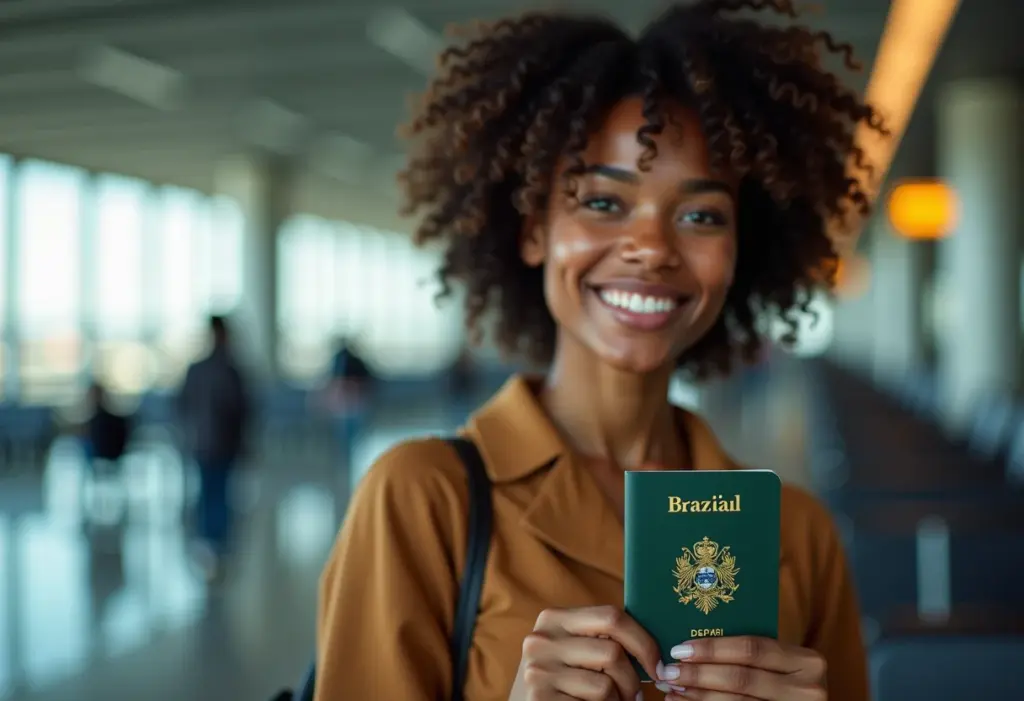 Mulher negra sorrindo com passaporte brasileiro na mão