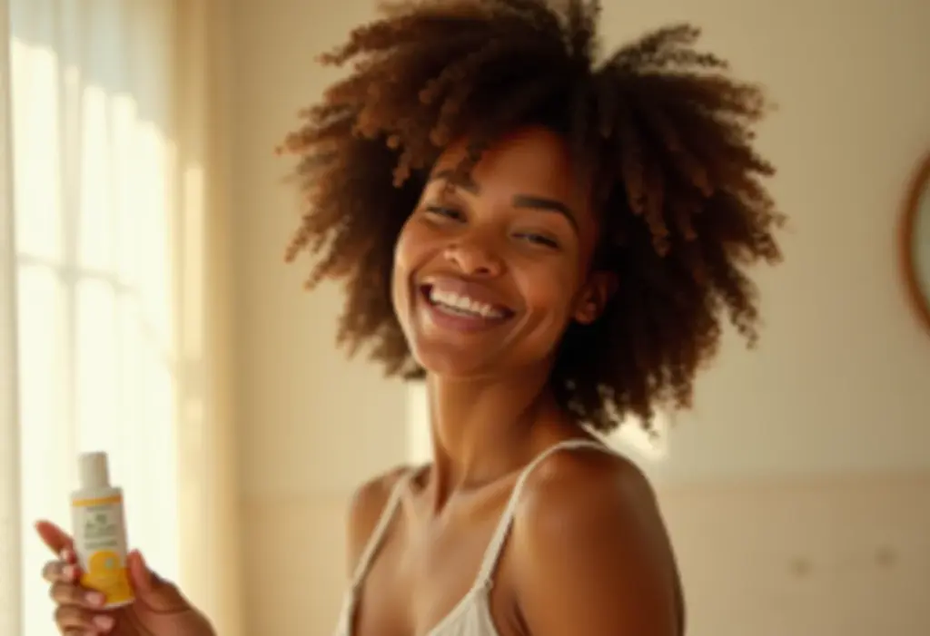 Mulher negra sorrindo com pele saudável e protetor solar na mão.