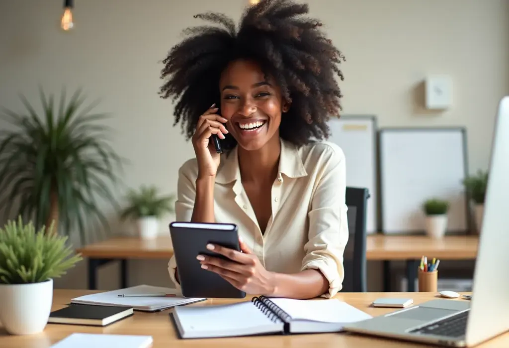 Mulher negra sorrindo com planner e celular em mesa minimalista