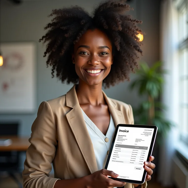 Mulher negra sorrindo com tablet mostrando nota fiscal