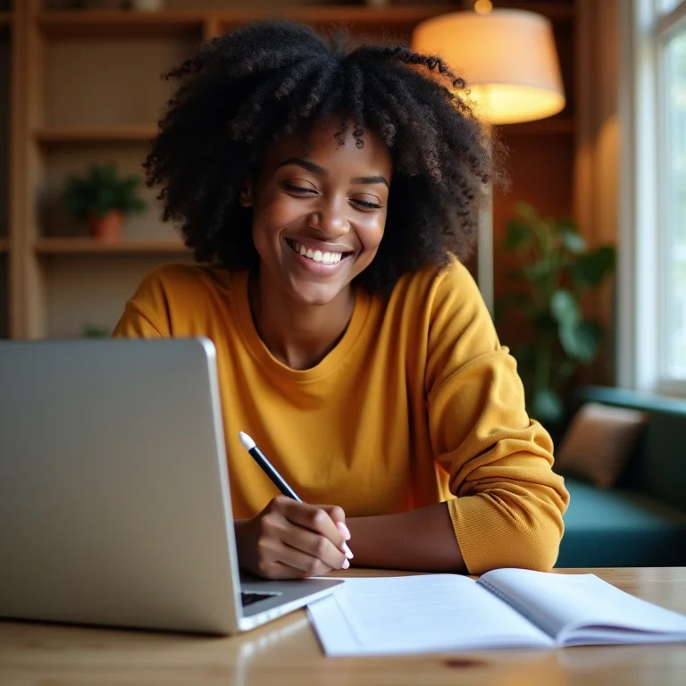 Mulher negra sorrindo durante curso online de finanças.