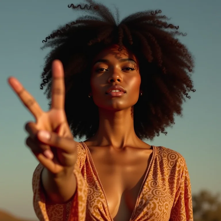 Mulher negra sorrindo e fazendo sinal de paz, vestindo roupas boêmias.