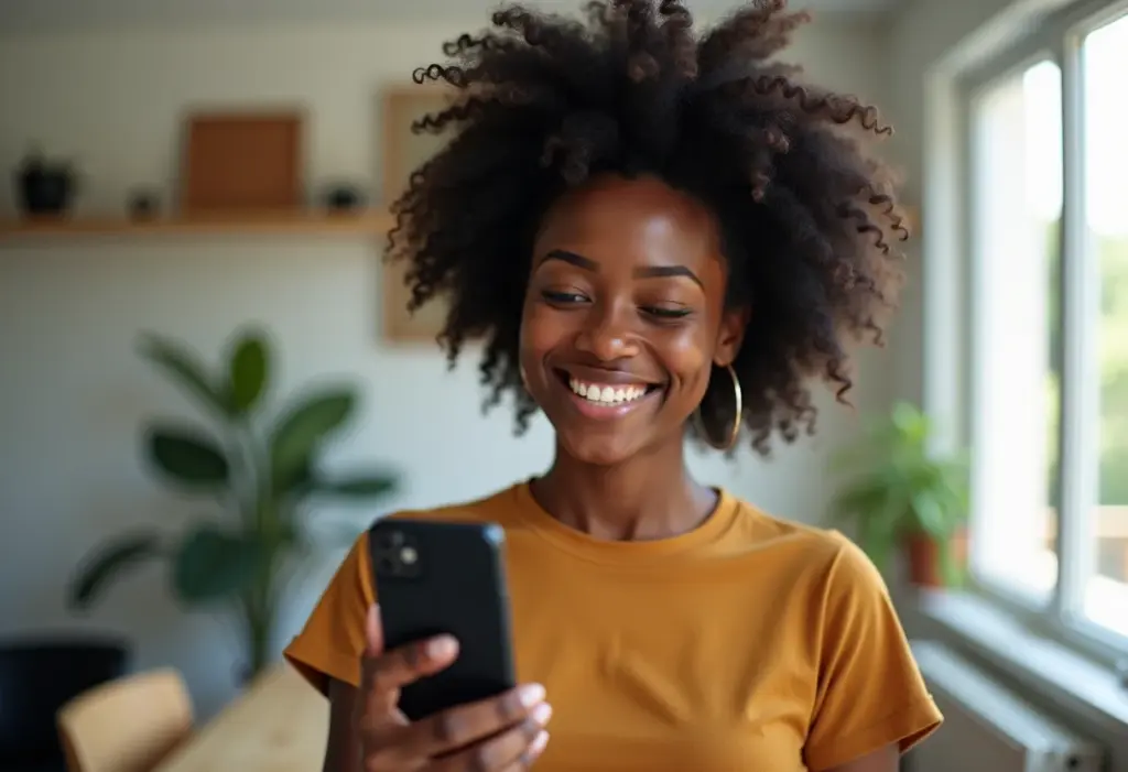 Mulher negra sorrindo e gravando vídeo currículo no celular
