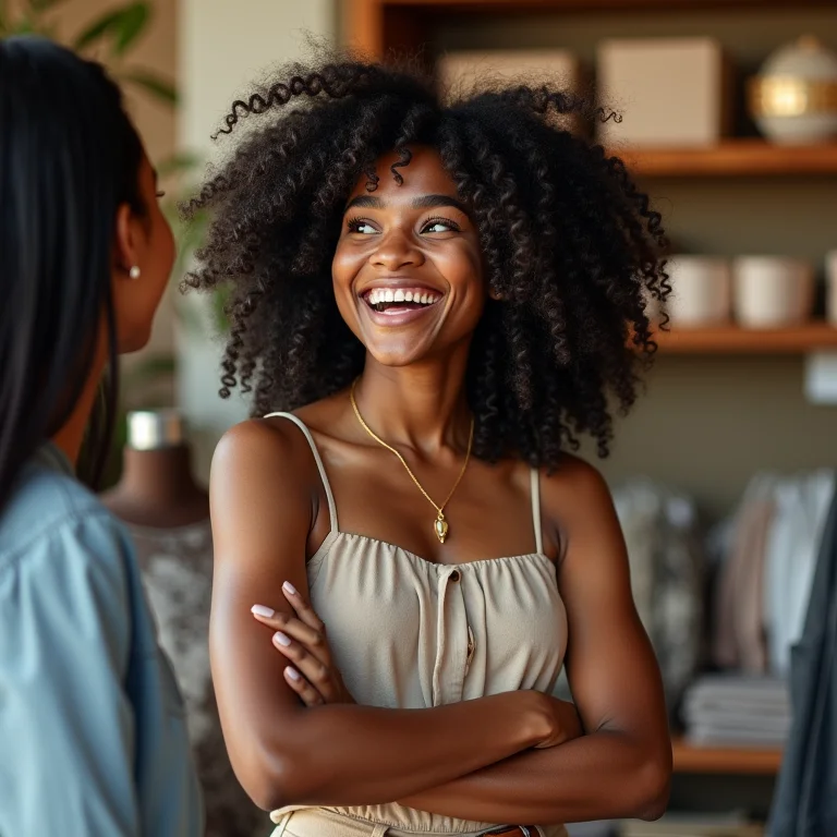 Mulher negra sorrindo e interagindo com clientes em sua loja