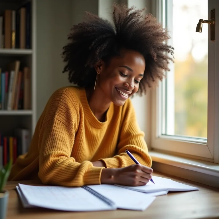 Mulher negra sorrindo e organizando o calendário de limpeza.