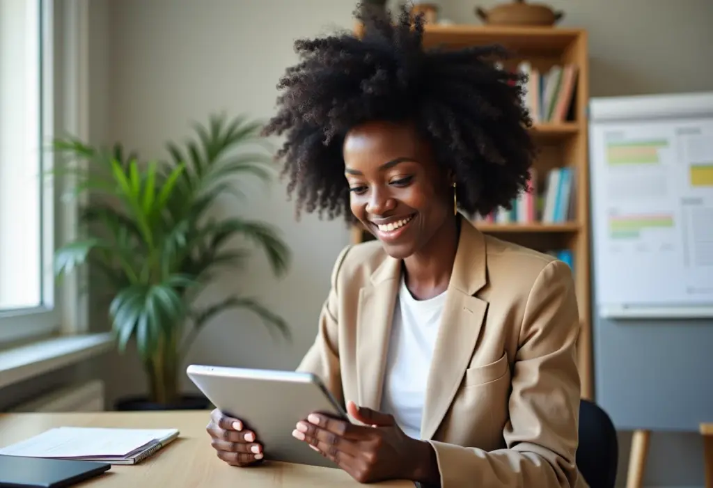 Mulher negra sorrindo e organizando sua agenda digital