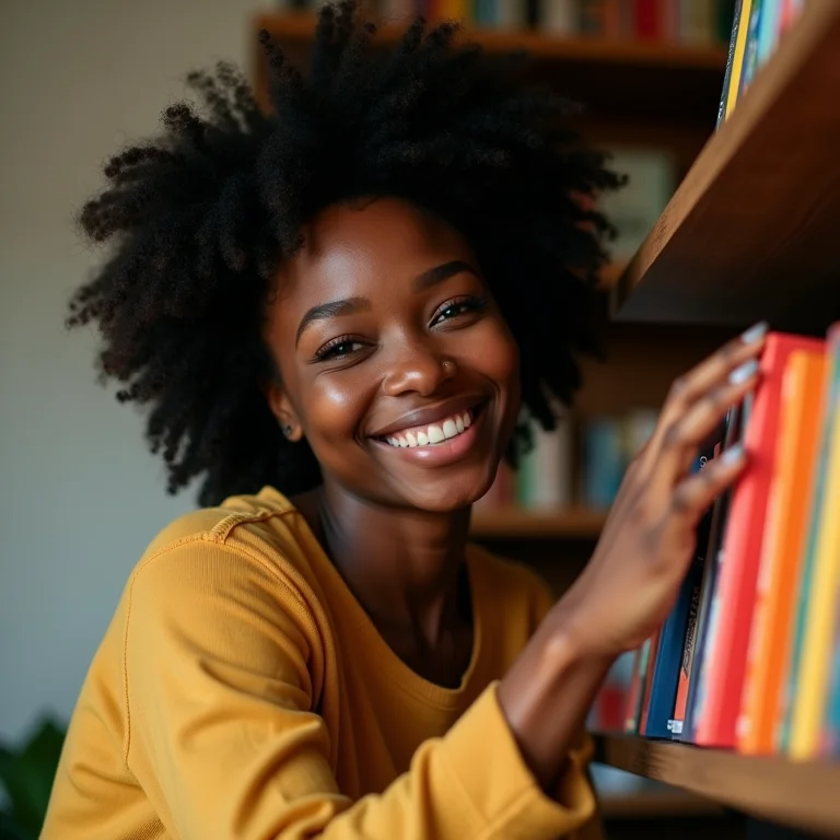 Mulher negra sorrindo e pegando um livro colorido
