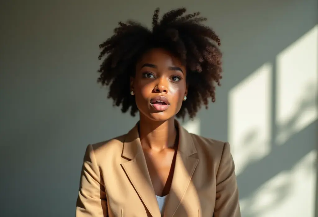 Mulher negra sorrindo em entrevista de emprego, demonstrando confiança.